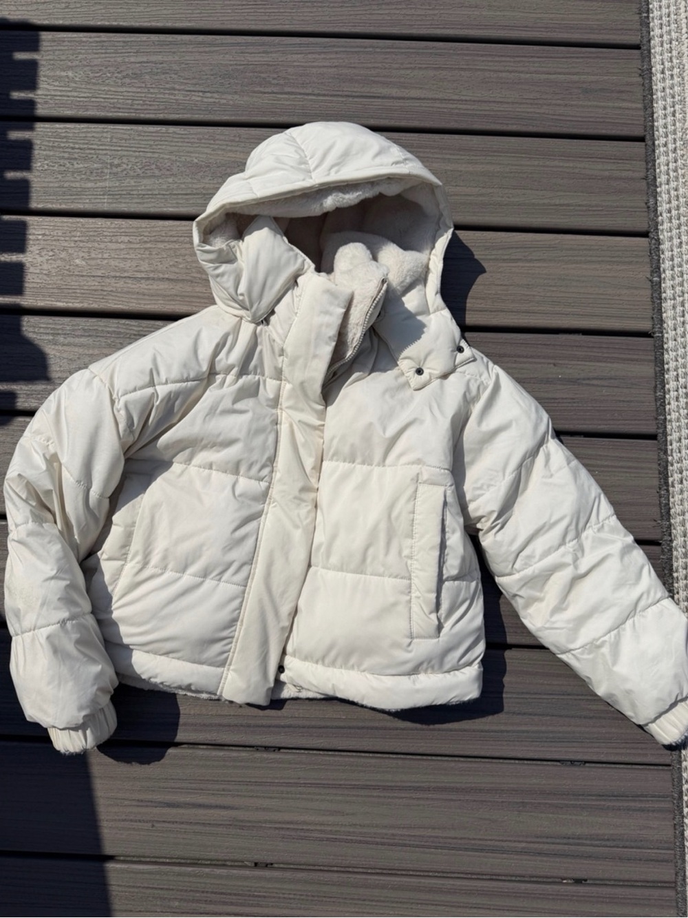 Women’s Fuzzy Puffer Jacket- Reversible Hooded